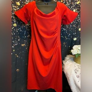 Premier Amour Red Poly Spandex Flutter Off Shoulder Sleeve Dress  S 16